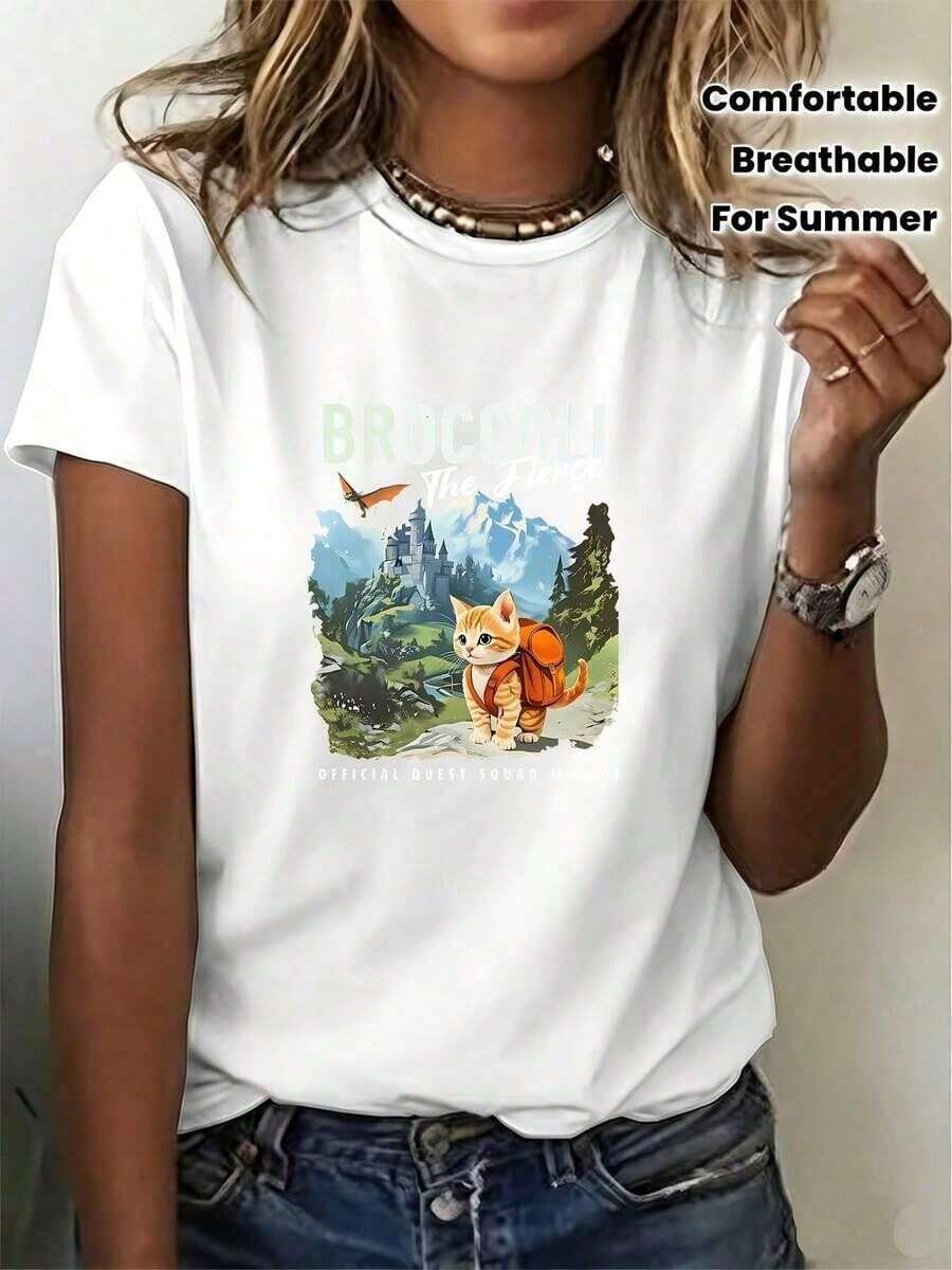 Camiseta con Estampado de Gatito Viajero Manga Corta Cuello Redondo Streetwear Casual Estilo Japonés Kawaii Urbano Urbana Top Retro - Blanco - Ver 1