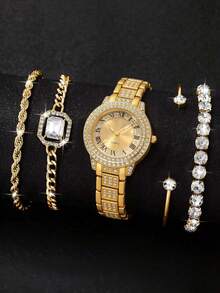 5pcs/Set Fashion Rhinestone Women's Watch Roman Numeral Quartz Bracelet Watch Set, Elegant Wristwatch Set For Girls - one-size - View 5