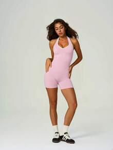 UONNOU Halter Neck Open Back Romper For Women, Contrast Trim Tummy Control Slim Sports Bodysuit - Pink - View 8