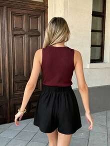 女款新款時尚休閒極簡圓領背心與抽繩黑色短褲兩件套，日常必備夏季穿搭套裝 - 彩色 - 查看 4