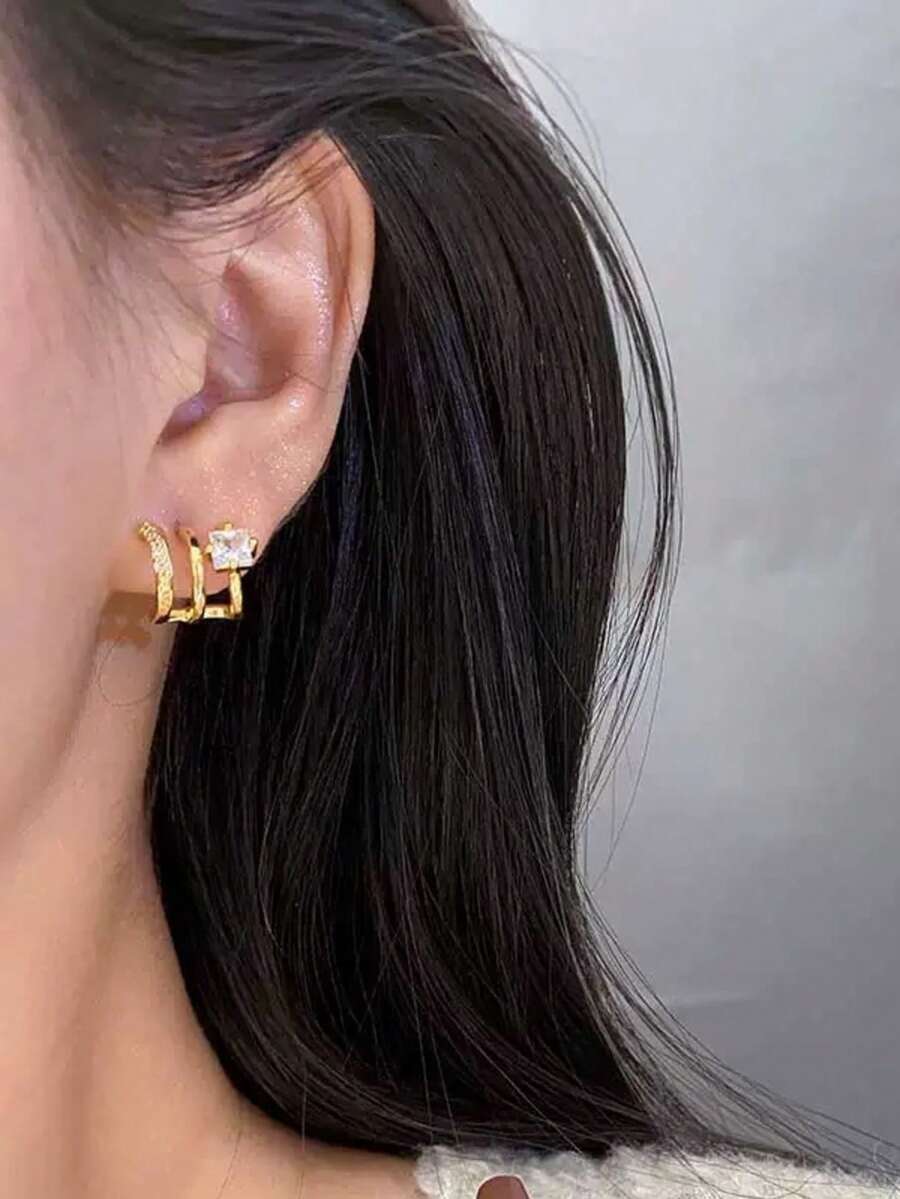 1 Pair Exquisite Personalized 3-Prong Curved Line Stud Earrings, Classic Commute High-End - Gold - View 1