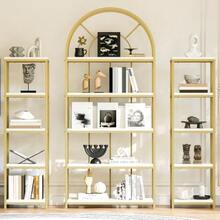 Fristående hyllset – Modulär bokhylla med guldfärgad metallram och vita MDF-hyllor, 3-delad hylla med välvd design, displayhylla för vardagsrum, kök och kontor, vitrinskåp, hylla, bokhyllor - 4pcs - Visa 3