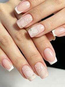 Show Your Beauty 24pcs Classic Elegant Rhinestone White Butterfly Striped White Edge French Glossy Shiny Skin-Brightening Fake Nails Fashion Versatile Wearable Nails Suitable For Dates Parties Spring Summer Women And Girls Autumn Winter Daily Wear Removable Press-On Nail Set With Jelly Glue And Nail File Easy To Wear And Durable Jelly Glue Randomly Shipped - Multicolor - View 2