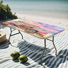 1pc Framed Elastic Tablecloth - Fashionable Pink Travel Car Pattern, Durable Polyester Rectangular Tablecloth, Suitable For Outdoor Camping, Family Picnic, Indoor And Outdoor Use, Lightweight And Machine Washable, Indoor Tablecloth | Vintage Tablecloth | Easy To Clean - A - View 3