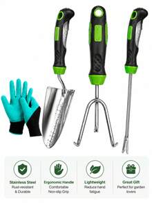 4-Piece Gardening Tool Set With Gloves, Heavy Duty Hand Trowel, Cultivator & Weeder, Ergonomic Non-Slip Handles, Stainless Steel Garden Tools Kit For Digging, Planting And Weeding - A-3pcs + Gloves*1 - View 8