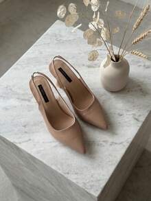 1 Pair 2026 Girl Hollow Side Cutout Pointed Toe Chunky Kitten Heel Elastic Back Strap Dress Sandals Office Party - Camel - View 2