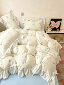 Creamy Girl Style Ruffle Edge Skin-Friendly Brushed Lace Duvet Cover 3 Pieces Set (1 Duvet Cover + 2 Pillowcases, Duvet Insert And Pillow Inserts Not Included), Bedding Set, Comfortable Soft Breathable Versatile, Machine Washable For All Seasons - Blue - View 7