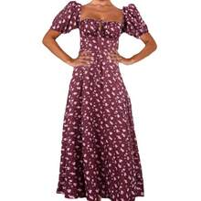 European And American Women's Fashion 2023, New Style, Fresh Floral Print Strappy Dress, Slim Fit And Side Slit For Women, Summer And Autumn - 鵝黃色 - 查看 5