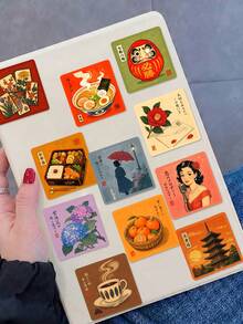 50pcs Light Academy Style Japanese Retro Material Stickers, Ukiyo-E Reading Lady Cat Traditional Landscape Waterproof Stickers, Suitable For Junk Journal, Book Lovers Decoration - Fresh and Clean - View 5