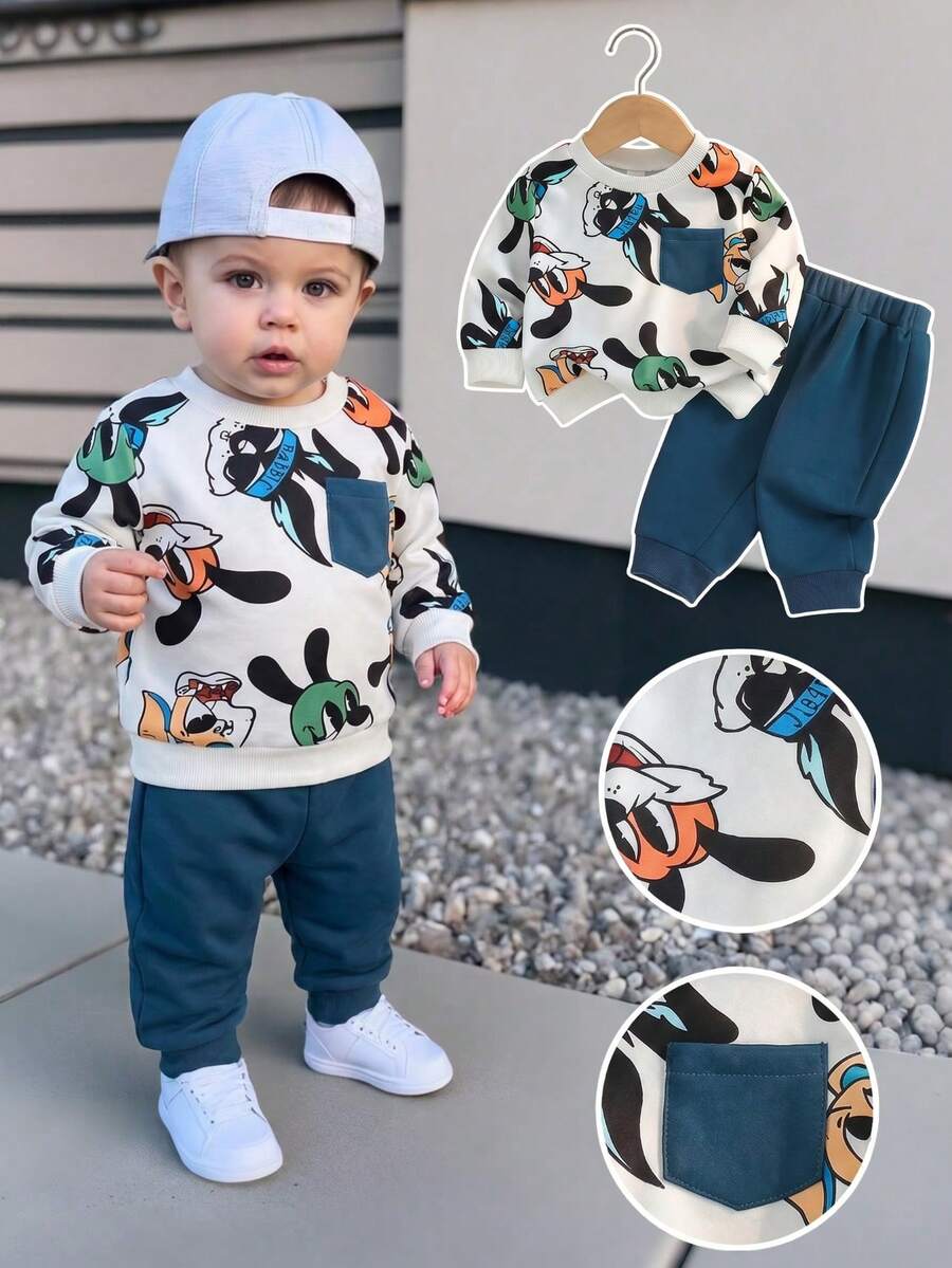 Setelan Bayi Laki-laki 2pcs/Set Modis Kasual Rajut Motif Kartun Lengan Panjang dan Celana Panjang dengan Pinggang Elastis, Pakaian Nyaman untuk Musim Gugur/Musim Dingin - Biru - View 1