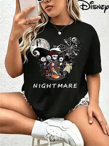 Disney Nightmare Before Christmas Print Women Plus Size Round Neck T Shirt Character Design Halloween Party Wear - Black - View 1