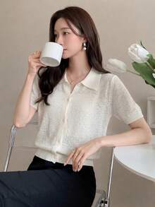 女款春夏白色半透短袖百搭針織開襟衫，翻領設計，優雅百搭，適合通勤、約會、度假、日常穿搭與街頭購物 - 杏色 - 查看 3