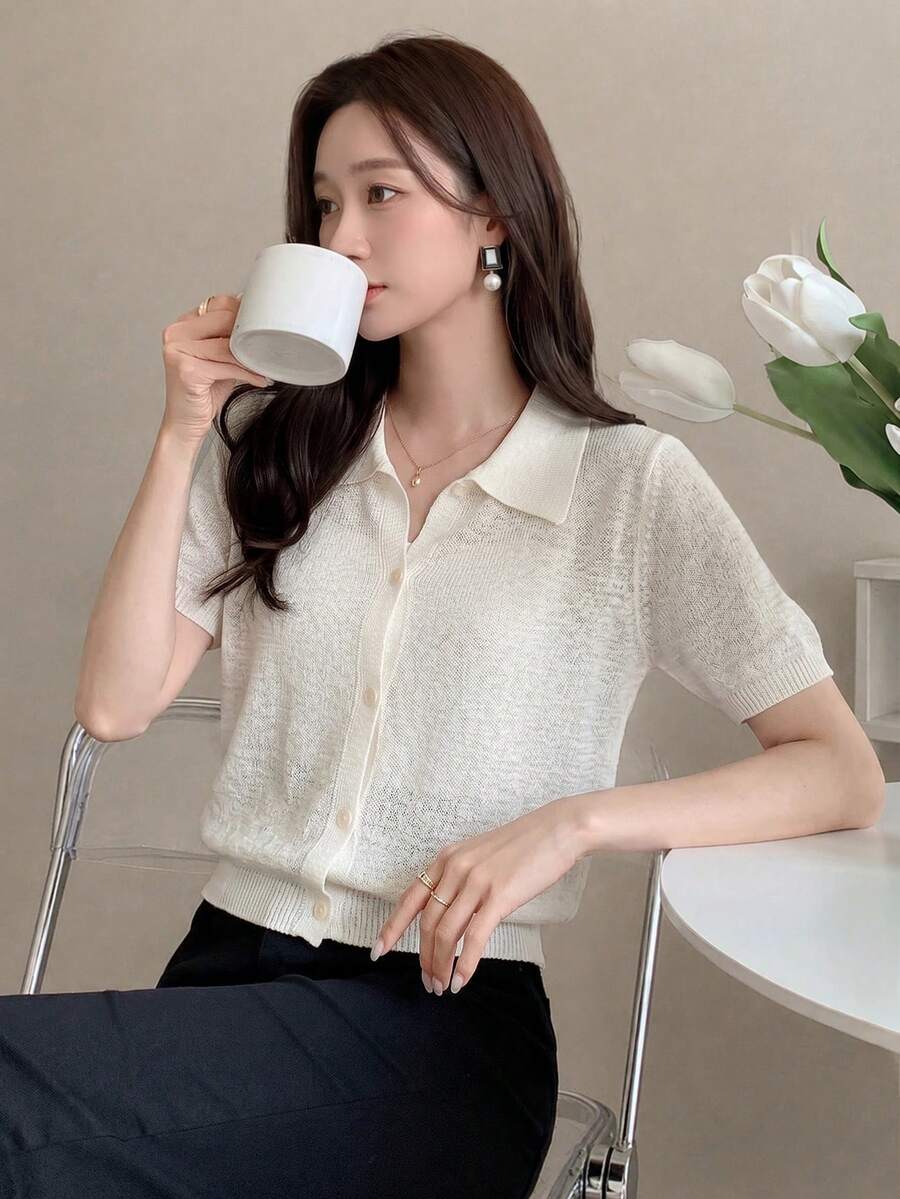 女款春夏白色半透短袖百搭針織開襟衫,翻領設計,優雅百搭,適合通勤、約會、度假、日常穿搭與街頭購物 - 杏色 - 查看 1