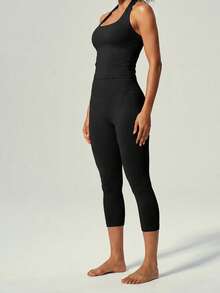UONNOU 2 Pieces Women's Sculpting Workout Set, Halter Open Back Top & High Waist Butt Lifting Capri Leggings For Yoga & Gym - Black - View 7