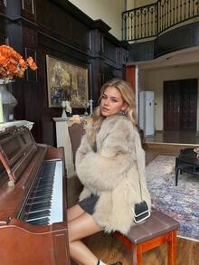 Women's Elegant Luxury Faux Fur Coat With Lapel Collar, Suitable For Winter Parties, Formal Dinners, Daily Outings - Camel - View 4