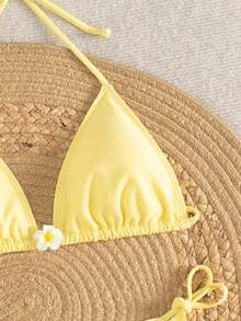 WaveBikini 黃色花卉 3 件式比基尼套裝，細肩帶三角上衣與抽繩透視長款罩衫洋裝 - 黃色 - 查看 3
