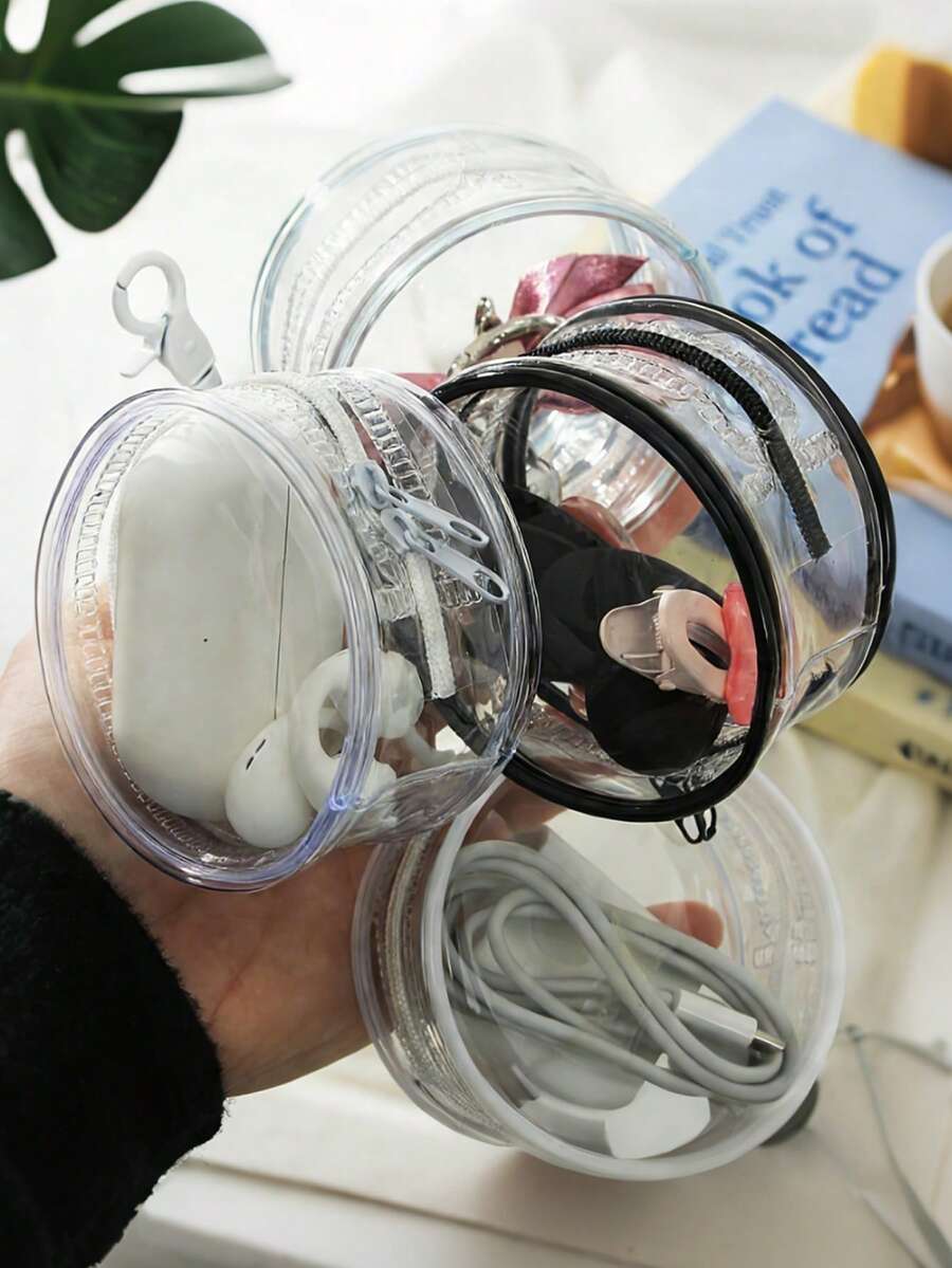 時尚極簡便攜透明拉鍊收納袋,圓形手機配件收納袋,線材管理袋,數位收納包,珠寶收納袋,鑰匙圈收納袋,適用於存放耳機、充電器、數據線、口紅、鑰匙、珠寶、化妝品等物品 - 彩色 - 查看 1