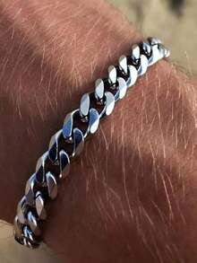 MECYLIFE 1pc Men's Classic Stainless Steel Cuban Link Bracelet, 5mm/7mm, Stackable - Silver - View 2