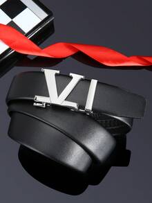 Ceinture pour homme à boucle automatique avec lettre V, noir et blanc, personnalisée, pour le travail, la taille, les pantalons, couleur unie, décontractée, pour les jeunes, la maison, les fêtes et les voyages, 120 cm, 1 pièce - Noir - Voir 11