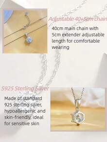 925 Sterling Silver Moissanite Necklace, 3ct 9mm*9mm, 40cm+5cm Chain, D Color Moissanite, With GRA Certificate, S925 Sterling Silver Transparent Twisted Chain, Hypoallergenic Material, Fashion, Elegant, Casual, Classic, Minimalist Design, Birthday, Anniversary, Valentine's Day, Mother's Day, With Gift Box. - Classic Six-prong Necklace - View 6