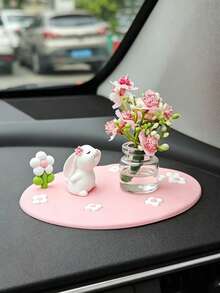 Cute Rabbit Car Dashboard Ornament, Realistic Mini Flower Vase Car Decor, Healing Style Car Interior Decoration For Women, Rabbit Flower Car Dashboard Ornament Set With Anti-Slip Pad, Girly Car Interior Dashboard Decor - Rabbit Anti-slip Mat - View 8