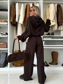 Casual Solid Color Hooded Loose Fit Versatile Comfortable Daily Wear Zip-Up Dark Brown 2 Pieces Set Elegant - Brown - View 2