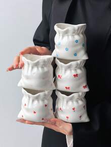 1PC Cute Drawstring Purse Shaped Ceramic Cup, Pocket Shaped Coffee Mug, Mini Heart Bow Flower Pattern Pen Holder, Ins Style Desktop Storage Jar, Can Hold Makeup Brushes, Home Decor Gift - Multicolor - View 12