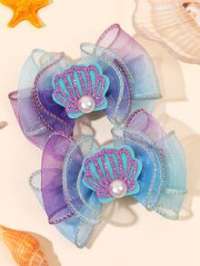 2 piezas de pinzas de lazo de tul estilo oceánico con conchas brillantes y perlas falsas, lazo de tul degradado azul-púrpura, accesorios para el cabello de adolescentes para boda en la playa/verano - Multicolor - Ver 2