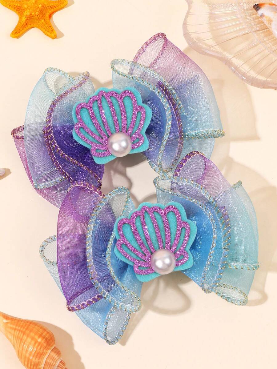 2pcs Ocean Style Tulle Bow Clips-Sparkling Seashells&Faux Pearls Decor Blue-Purple Gradient Tulle Bow,Teens Hair Accessories For Beach Wedding/Summer - Multicolor - View 1