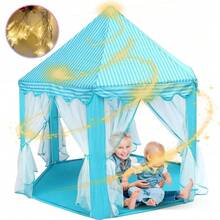 Kids Play Tent Princess Castle, Outdoor Indoor Playhouse With Star String Lights, Portable Castle Tent For Girls Gift, Pink/Blue, Easy Assembly - LJSW-blue - View 8