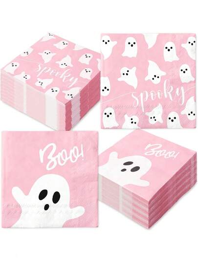 萬聖節幽靈餐巾紙 48入 粉色可愛 Boo 幽靈餐巾紙，適合萬聖節生日派對裝飾、Boo 主題嬰兒洗禮派對用品