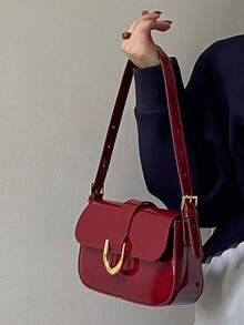 Bolso cuadrado con solapa, decoración metálica, unicolor vintage, bolso de hombro cuadrado a juego con todo, cartera de solapa debajo del brazo, minimalista, bolso de sobaco para mujer, bols - Cafetería - Ver 2