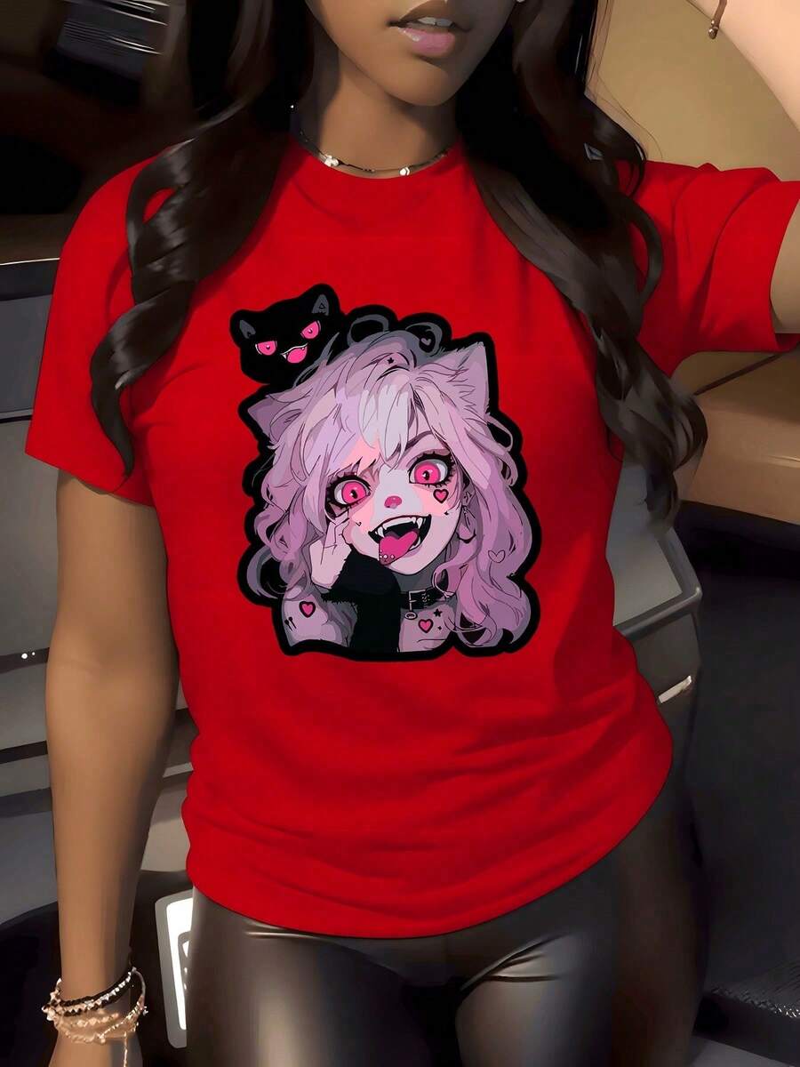 1 Piece Of Cat Girl Anime Graphic Print T-Shirt, 180g, Pink Hair Theme, Women's Casual Style, Round Neck, 100% Cotton, Harajuku Aesthetic Style. - 紅色 - 查看 1