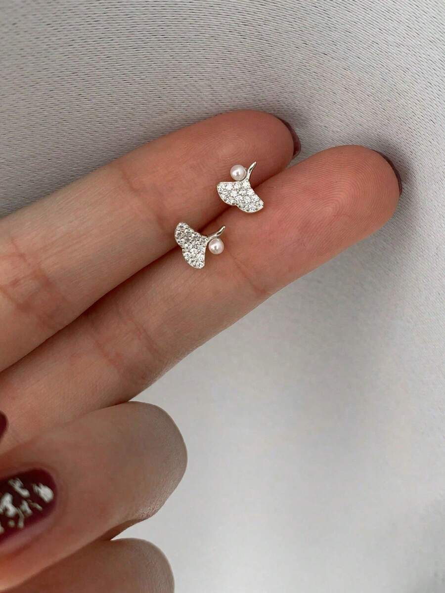 1對925純銀迷你精緻銀杏葉珍珠耳釘,簡約優雅百搭細緻女款耳環 - 葉子 - 查看 1