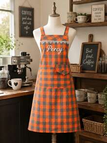Vintage Plaid Apron With Adjustable Straps, Customizable Name Embroidery, Delicate Lace Collar, Double-Layer Pockets For Kitchen Utensils And Phone, Polyester Fabric Stain-Resistant Breathable Easy To Clean, Suitable For Baking, Coffee Shop Uniform Or Home Cooking - Orange Stripes - View 3