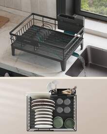 SONGMICS Escurreplatos, Escurridor para Encimera de Cocina, Giratorio 360° y Extensible, con Soporte para Cubiertos, 31 x 42 x 18,5 cm, Gris - Gris - Ver 4