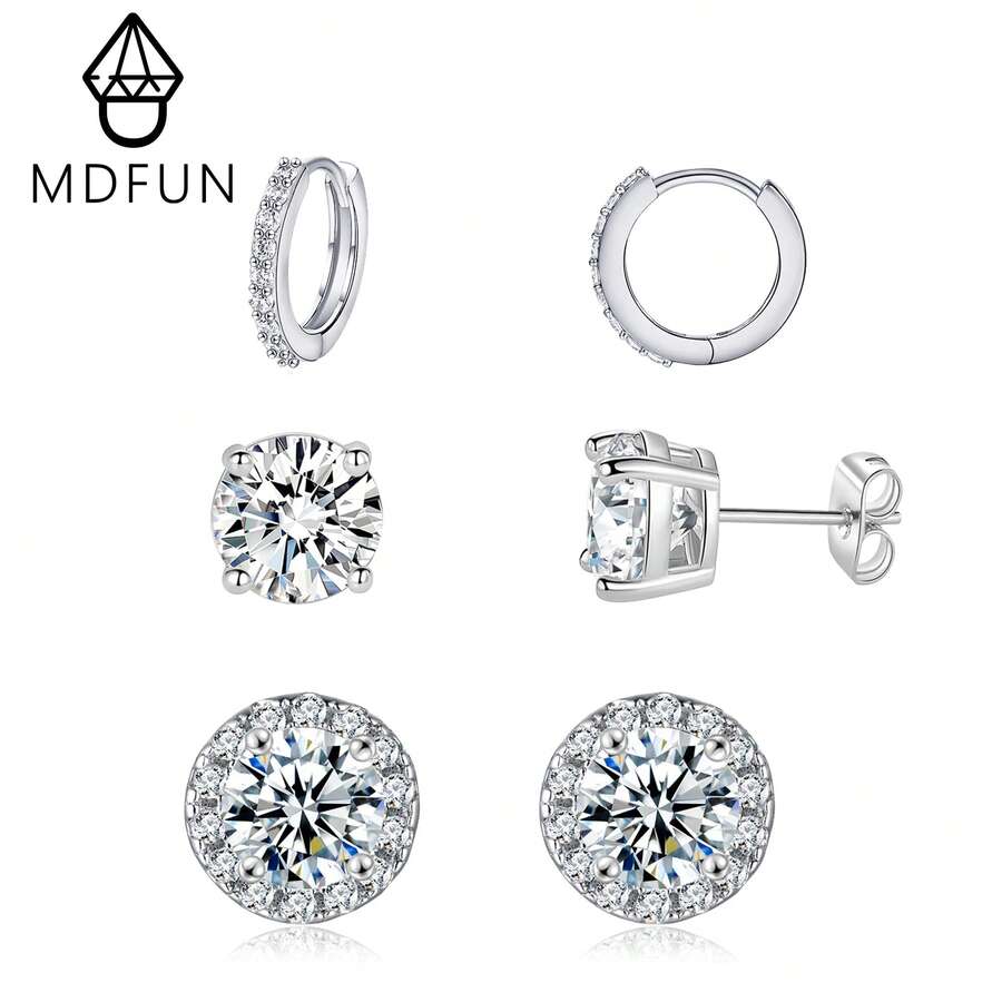 MDFUN 3對女款耳環套組 14K白金鍍層鋯石耳環,包含耳圈與耳釘耳環 - 圓形 - 查看 1