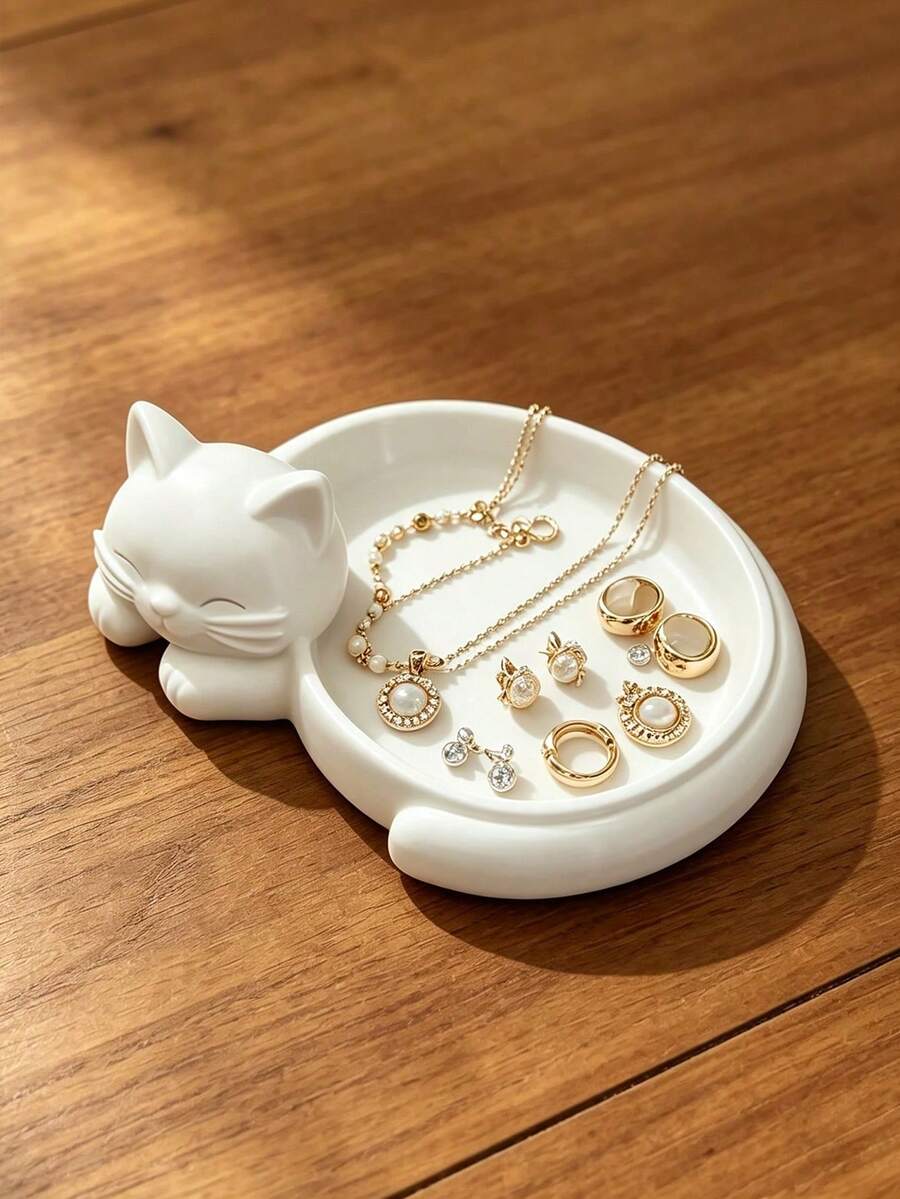 Cute Sleeping Cat Tray - Kitten Shaped Jewelry And Key Storage Box, Suitable For Desk, Vanity, Shelf Decoration - Compact Storage For Cat Lovers, Office Organization Desktop Accessory - Multicolor - View 1