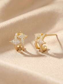 1 Pair Luxury European Style Silver-Plated Double Layer Star C-Shaped Hoop Earrings With Full Zirconia Stones, Suitable For Anniversary, Daily, Campus, Wedding And Other Occasions As Gifts For Friends - Star Earrings - View 8