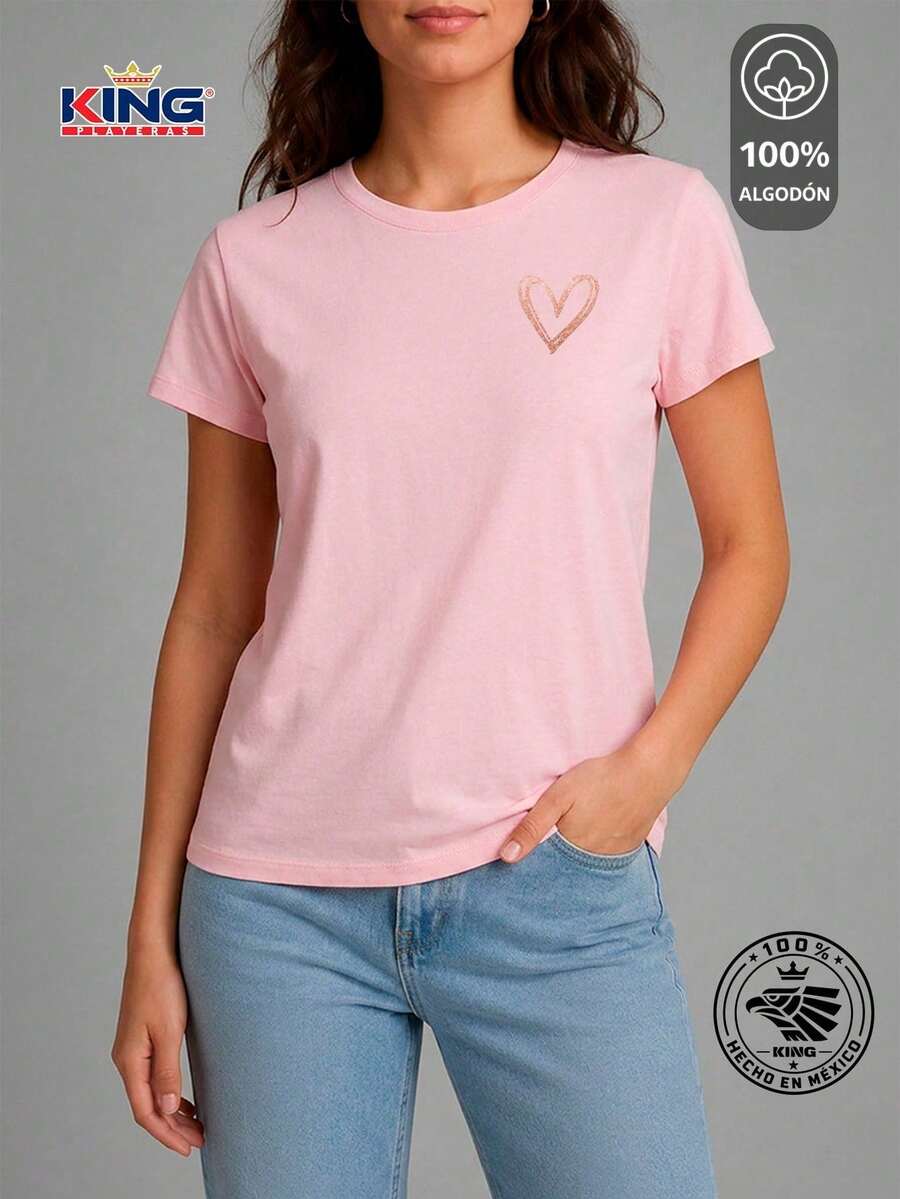 SHENDY VENDY Women's T-Shirt 100% Cotton, Short Sleeve, Round Neck, Soft And Comfortable T-Shirt, Minimalist Heart Print - 粉色 - 查看 1