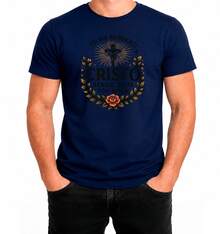 Camiseta Jesus Cristo Cruz Religiosa Fé Amor Natureza Floral 100% Algodão Estampa DTF Premium - Azul Marinho - Visão 3