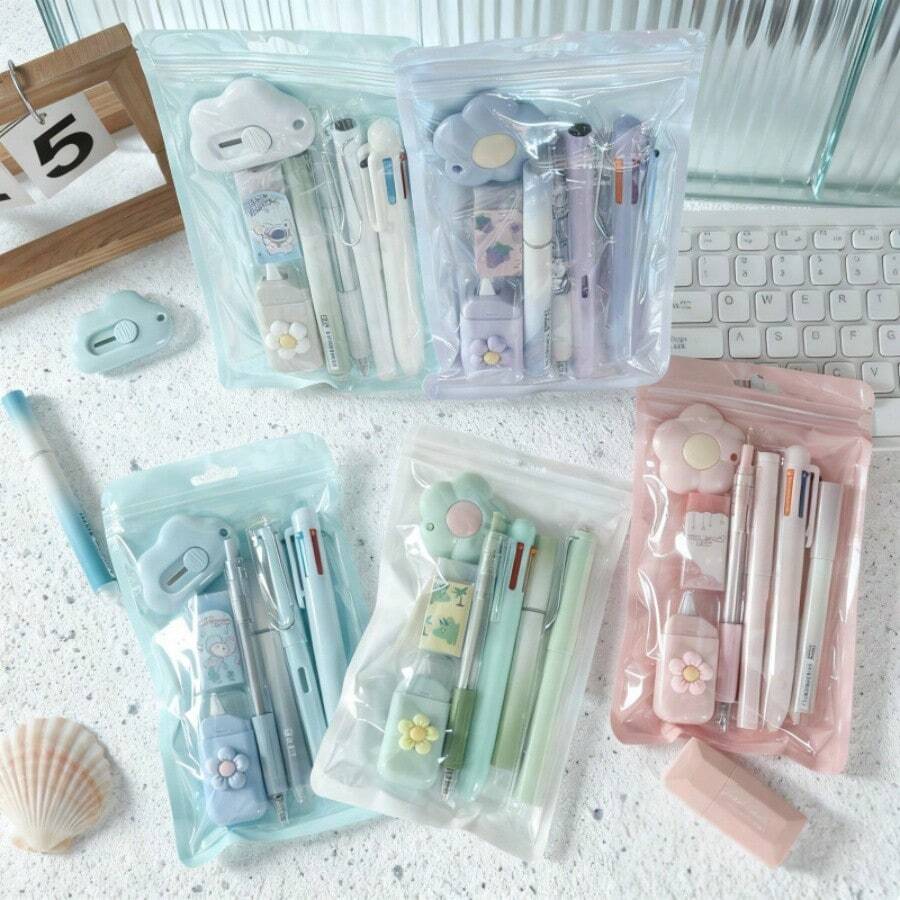 1套可愛文具套裝,極具吸引力的學生學習用品,7件組文具禮盒,適合學生返校與畢業禮物 - 彩色 - 查看 1