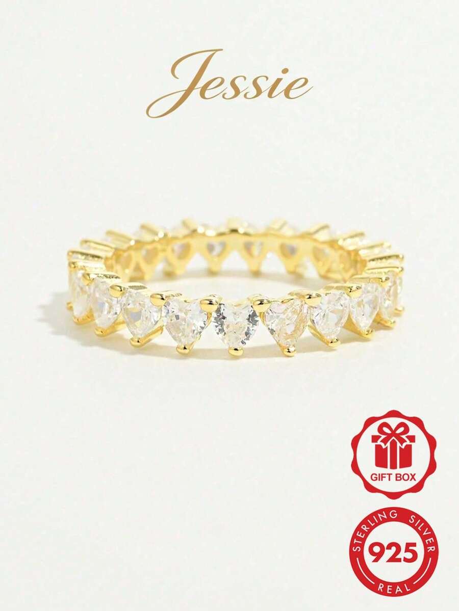 Jessie Jewelry 1件浪漫閃亮925純銀立方鋯石滿心設計戒指,婚禮情人節禮物 - 金色 - 查看 1