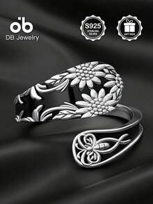 Vintage Sunflower Pattern Spoon Ring, Adjustable Open Band, 925 Sterling Silver Bohemian Style Celtic Knot Niche Design Hand Jewelry, Daily Wear, Valentine's Day Gift Box - Sunflower Spoon Ring - View 4