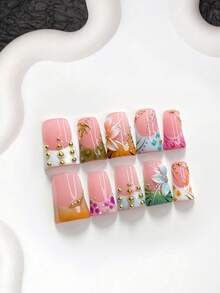 10pcs Island Vacation Style Handmade Press-On Nails, Polygel Nail Art Set, Coconut Tree & Petal Design, Magenta, Blue & Orange Nail Polish, Fresh Style, Includes Nail Tools, 3 Sizes Available, Almond, Duck, Coffin Shape, Suitable For Party, Dancing, Daily Wear - 彩色 - 查看 18