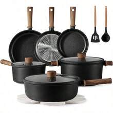 1/13件高品質鍋具套組,包含不沾鍋、煎鍋、湯鍋與平底鍋,適用於電磁爐並兼容所有爐灶,可用於製作鬆餅、煎蛋、煎牛排等 - 查看 2