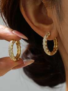 CHICAT Women's Luxury Geometric Heart-Shaped Hoop Earrings, Hollow Design With Double-Row Pave Cubic Zirconia, Exquisite Fashion Jewelry Gift - Gold - View 3