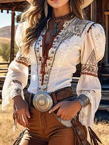Women's Western-Style Puffed-Sleeve Long-Sleeve Shirt With A Small Stand-Up Collar And Tie-Front; Retro  Bohemian Country-Style Casual Top - White - View 10