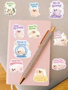 50Pcs Pastel Fluffy Seal Positive Stickers, Calendar, Trophy, Alarm Clock Action Text Decals, Perfect For Planner Layout, Diary Embellishment & Aesthetic Handmade Accessories - Multicolor - View 5