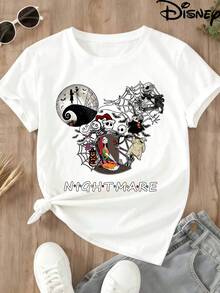 Disney Nightmare Before Christmas Print Women Plus Size Round Neck T Shirt Character Design Halloween Party Wear - 白色 - 查看 4